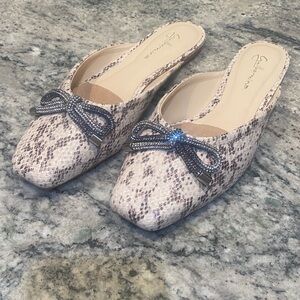 Guillermina  Snake Print Balet Mules with Rhinestone Bow